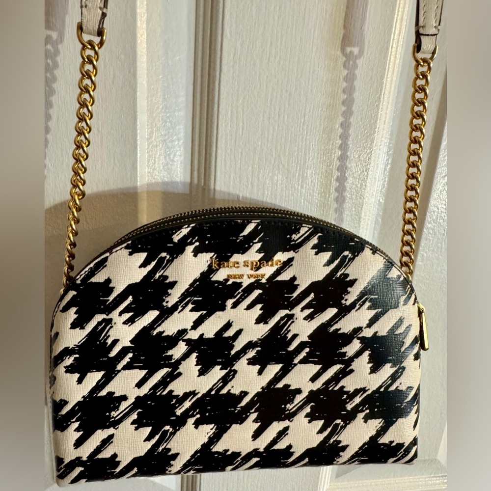 Kate Spade Morgan Painterly Houndstooth Double Zip Dome Crossbody - Black White